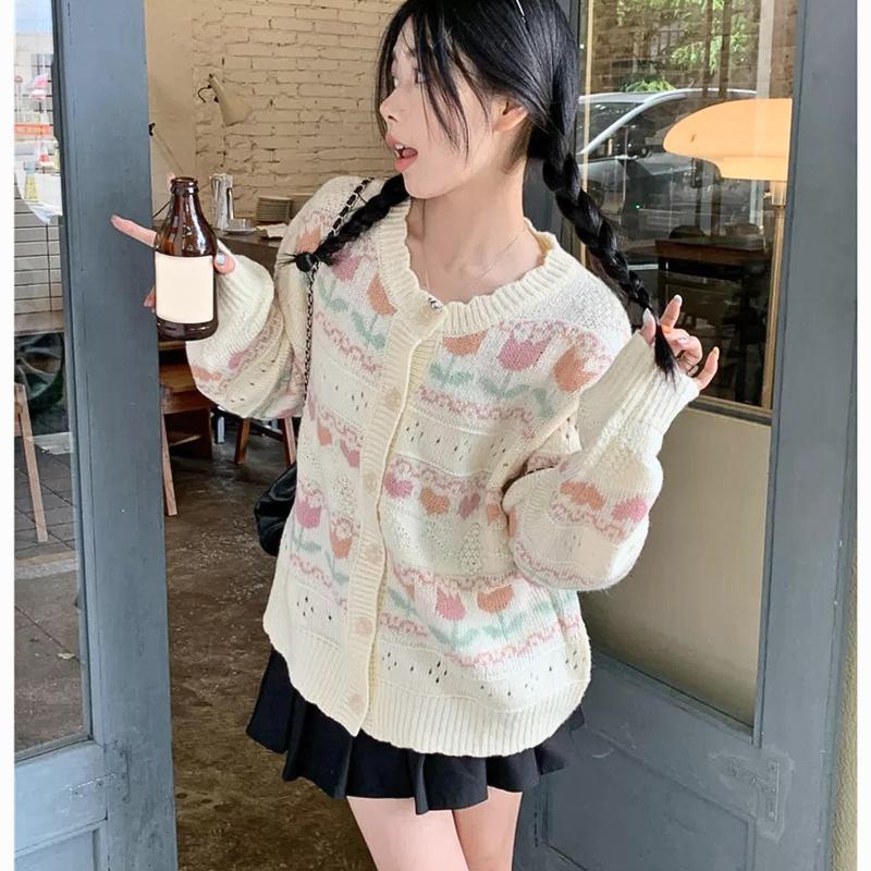 Áo len nữ Kozoda AL127 khoác cardigan dài tay họa tiết bông hoa Hàn Quốc - Women Top