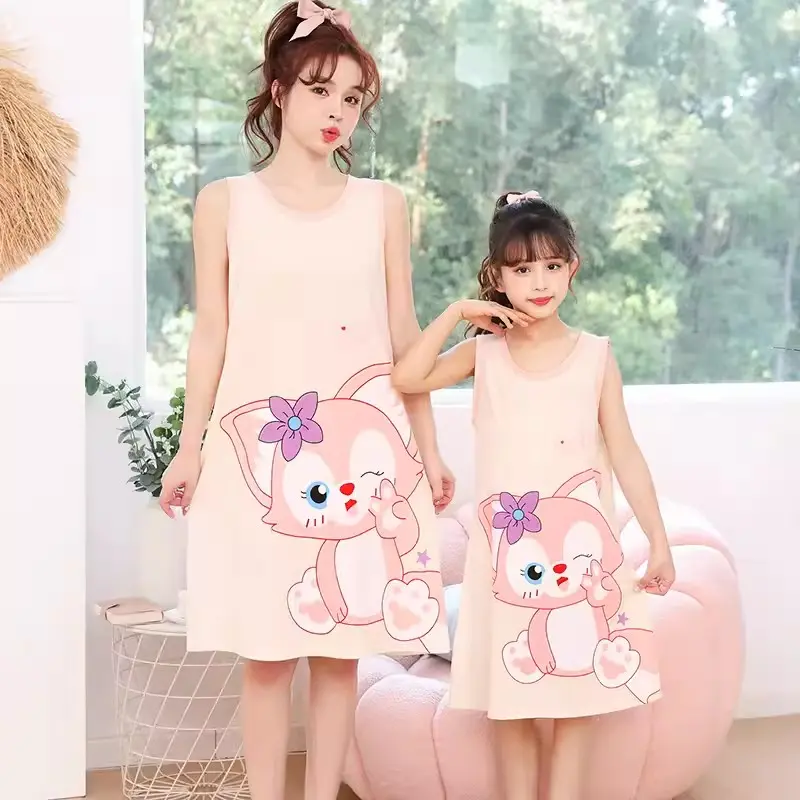VOGANA Home Sleepwear Daster for Parent-child Mothers Sleeveless cute Nightdress Womenswear Clothing Comfortable