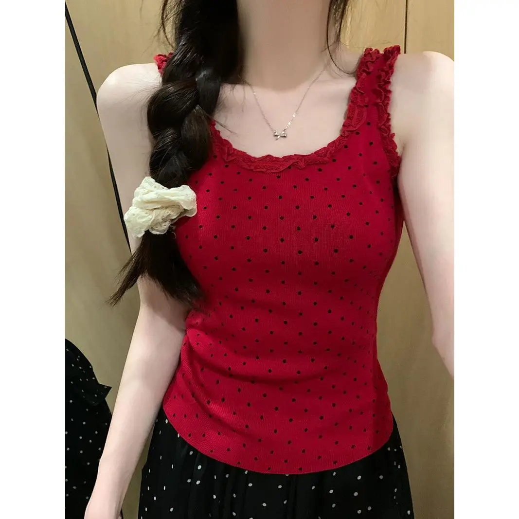 Red Polka Dot Lace Camisole Women's Summer Slim-Fit Short Sleeveless Top