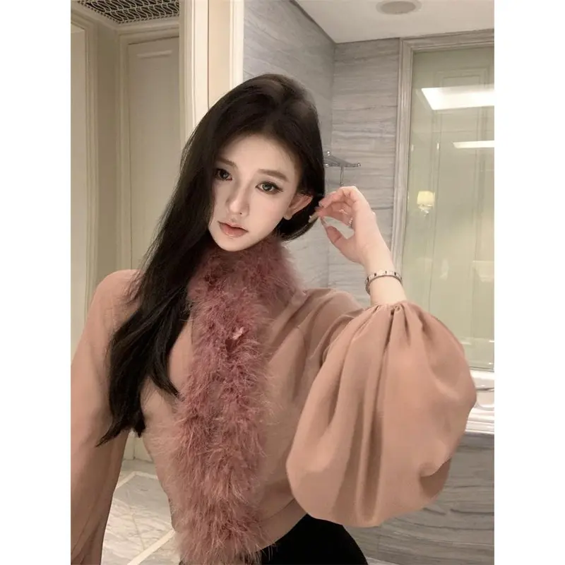Áo Sơ Mi Voan Phong Cách Cổ Điển, Cổ Lông Thú, Thiết Kế Khâu, Tay Áo Dài Nữ Women Shirt Top 1