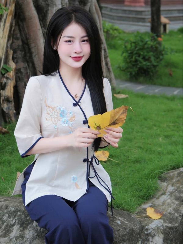 Tinh Nhi đồ lam đi lễ cúc chéo thêu hoa tiểu thư thanh lịch PP220 Nhung Áo Nữ Top Women 7