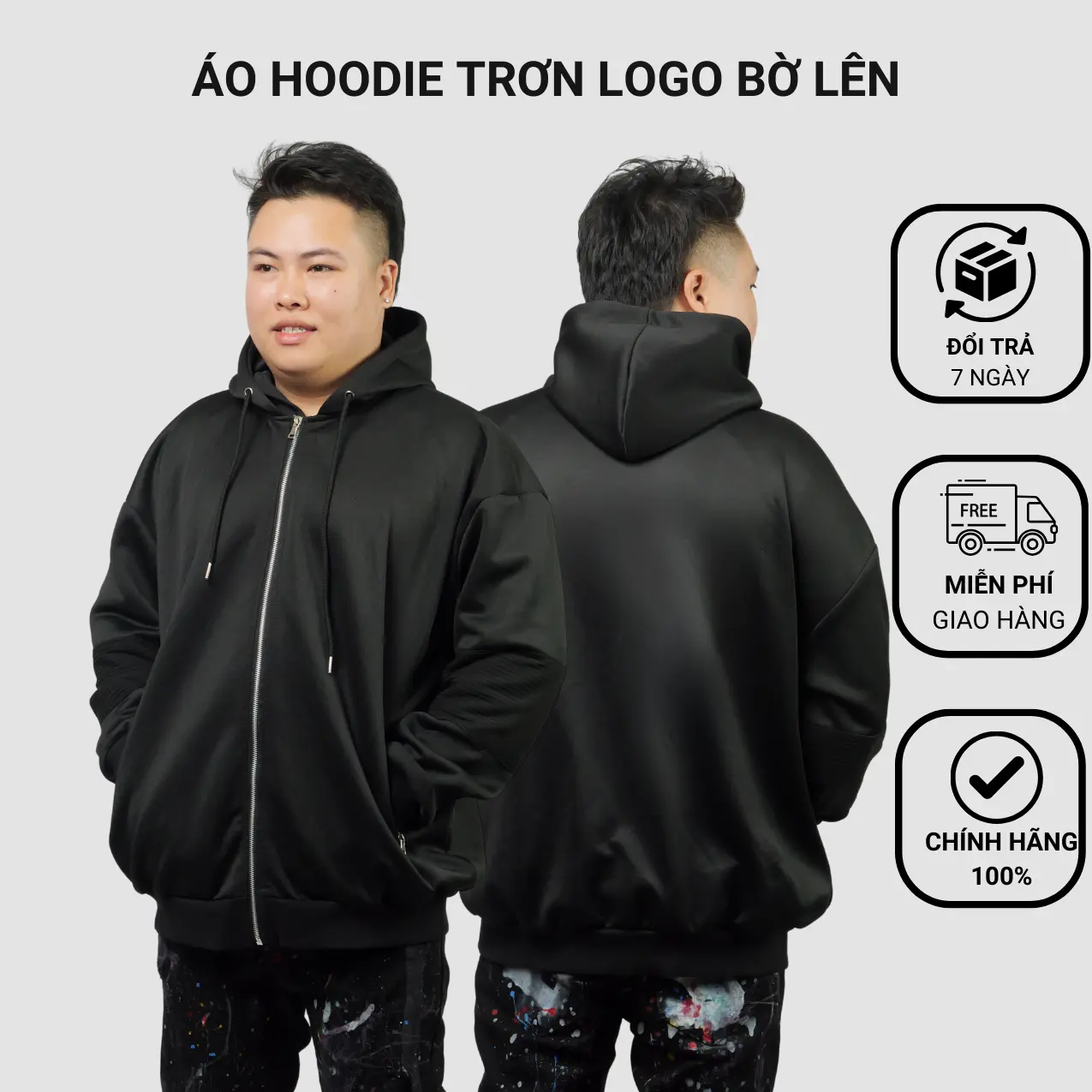 Áo hoodie trơn logo BỜ LÊN dành cho người béO BIGSIZE có size đến 150KG