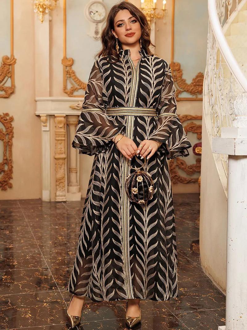 Product Introduction of Dubai Embroidery Abaya With Belt For Muslim Woman Notched Stand Collar Flare Sleeve Elegant Loose Moroccan Saudi Kaftan 13
