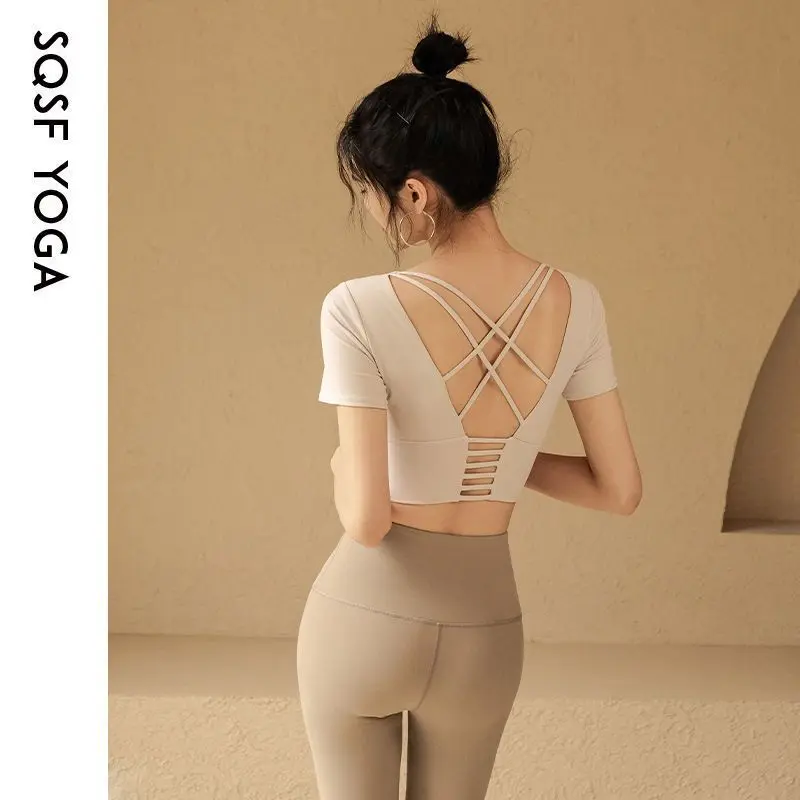 Yoga Top with Chest Pad Summer Women's Thin Short Sleeve Sports Shirt Sexy Back Running Fitness T-Shirt
