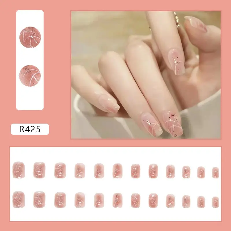 In Stock PVC Waterproof Fake Nails 24 Pieces Korean Aurora Nails Cute Nail Design Girls 2024 Popular Manicure