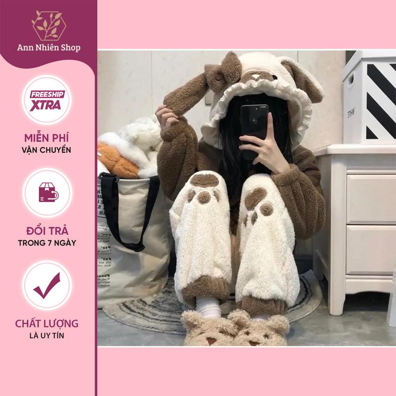 [FREESIZE] SET Đồ bộ nữ lông cừu, Đồ bộ nữ ủ kem nâu mũ bèo nơ size nhỏ 58kg dưới m65 An nhiên shop