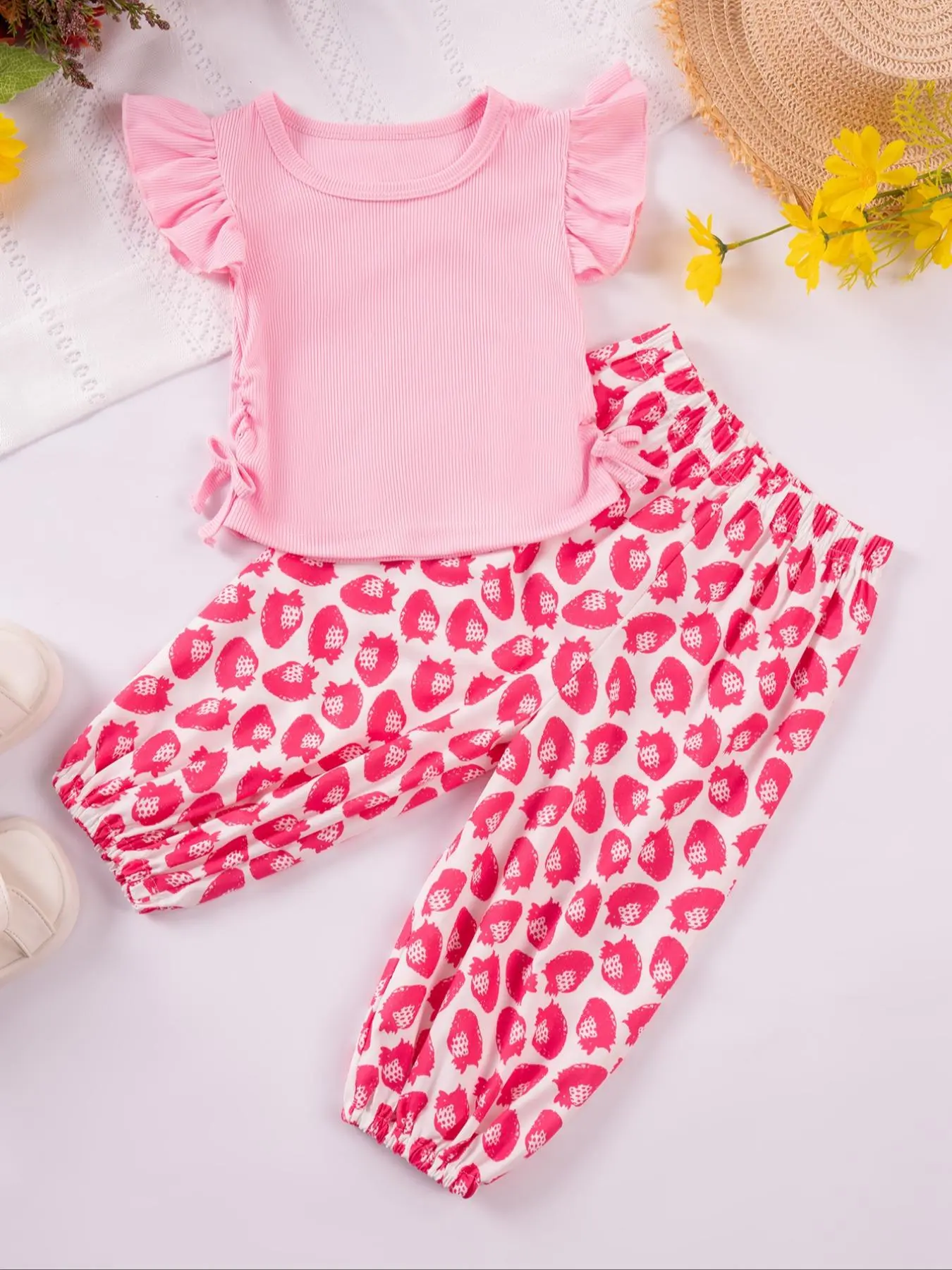 Two-Piece Set Toddler Girl's Strawberry Print Ruffle Trim Tee & Flare Leg Pants Set, Cute Casual Two-piece for Summer, Kids Clothes for Daily Wear, Clothing