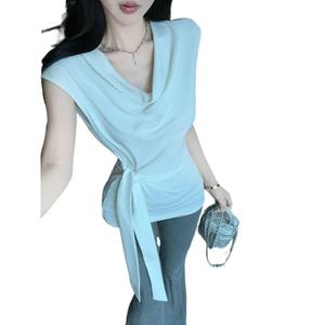 Unique Style Lazy Chic Lace-Up Swing Collar Sleeveless Top Summer New French Style Tie Waist Slim Fit T-Shirt for Women