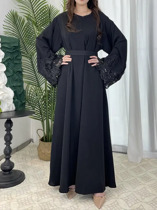 Arabic Clothing-Women Embroidered Abaya Dress, Fashion Contrast Lace Long Bell Sleeve Loose Maxi Arabian Dress with Belt, Islamic Clothes Caftan, Maxi Dresses for Women, Summer Outfits 2024, Bridal Abaya 6