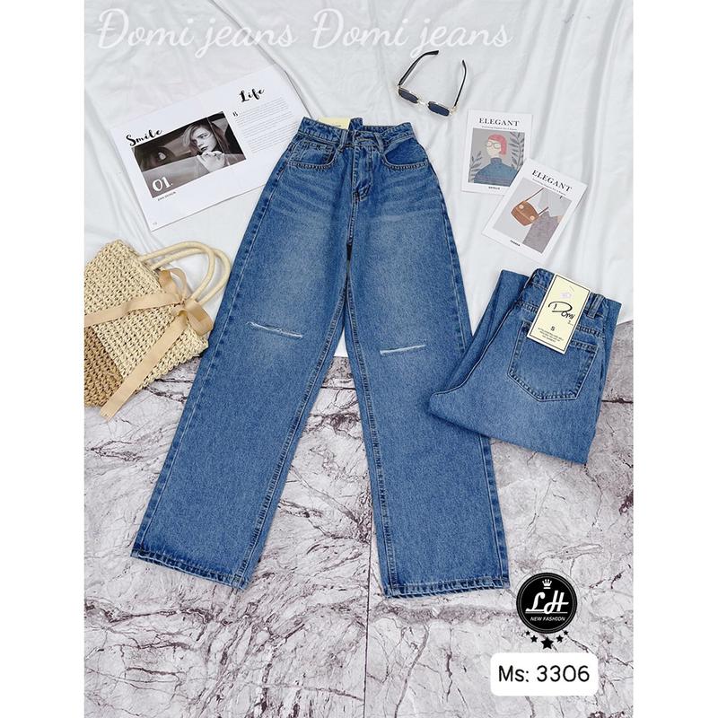 Product Introduction of Quần jean ống rộng nữ rách gối 2 line cạp cao Lê Huy Fashion màu xanh đậm MS 3395 4