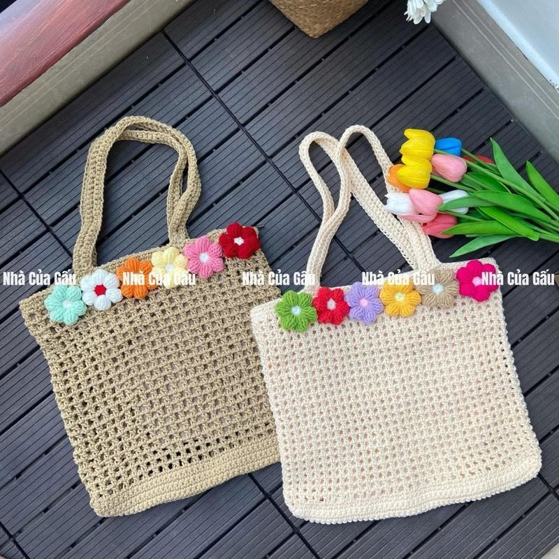 Túi len đeo vai đan vuông đính hoa siêu xinh