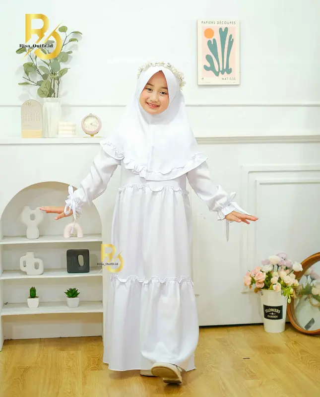 Hana Gamis Anak Perempuan Set Hijab / Gamis Putih Anak Manasik Haji / Baju Lebaran 2024 Anak Cewek 2