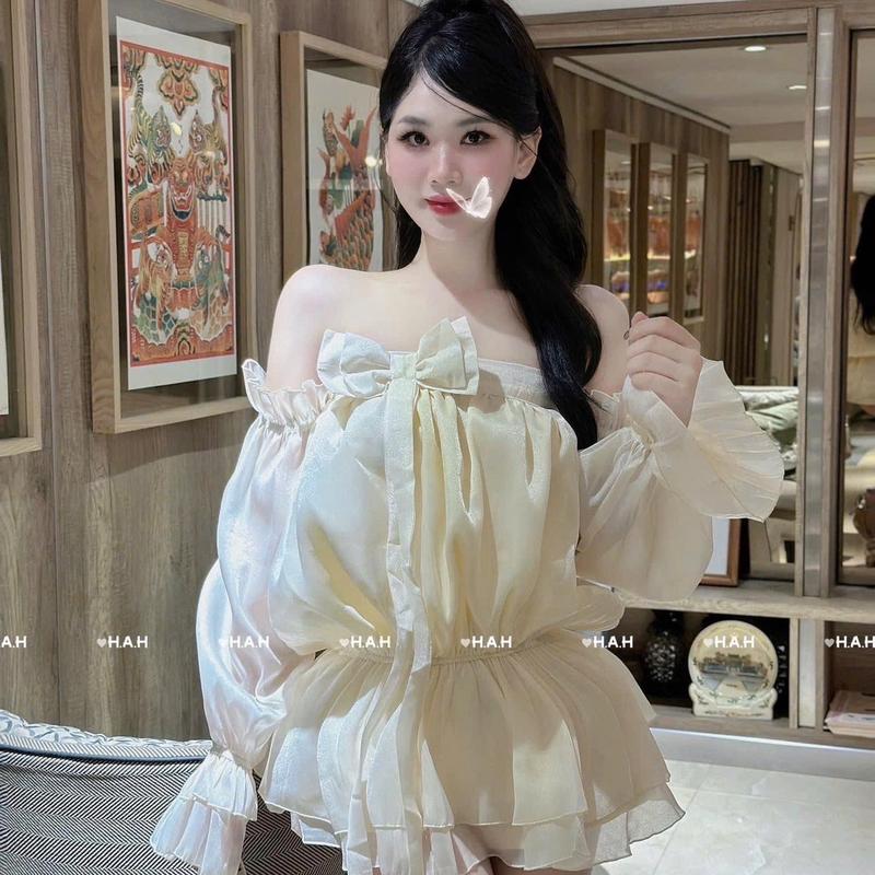 Set Đầm Bồng Bềnh Cúp Ngực Nhún Eo Phối Nơ Ngực Trễ Vai Dài Tay Loe Bo Chun Kèm Quần