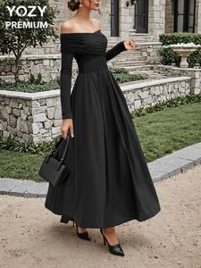 YOZY Women's Off The Shoulder Ruched A Line Dress, Elegant Long Sleeve Dress for Party Holiday Wedding Guest