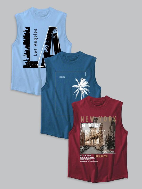 Men's Letter & City & Coconut Tree Print Tank Top, Regular Fit Casual Sleeveless Round Neck Top for Summer, Men's Top for Daily Wear, Clothing 2
