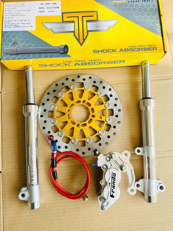 combo 5 món phuộc phay bạc sirius bao gồm : phuộc phay + heo + pát heo + dây dầu bấm + đĩa 267mm