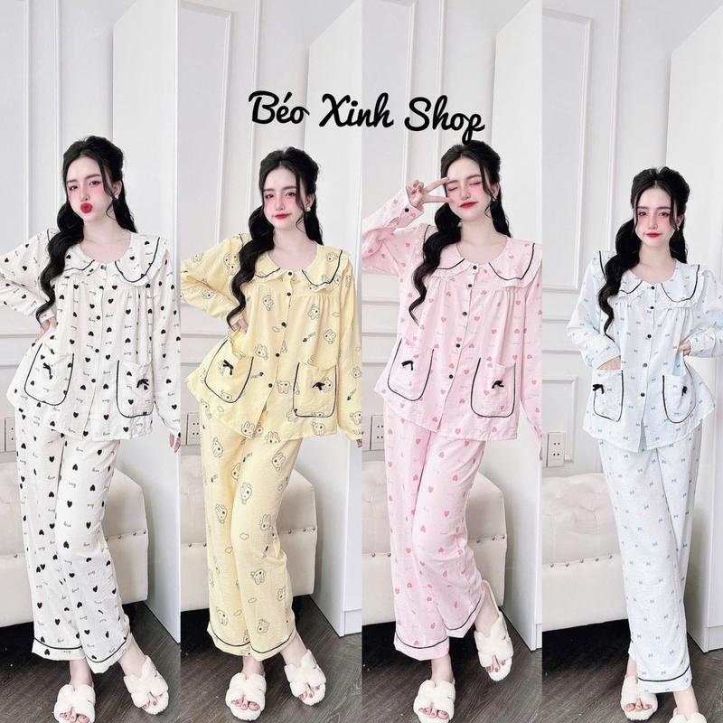 Đồ Bộ - Đồ Ngủ Tay Dài Pijama Bigsize 50-90kg Cổ Sen Cột Dây Vải Đũi Xốp Nữ Áo Ngủ - A.5605
