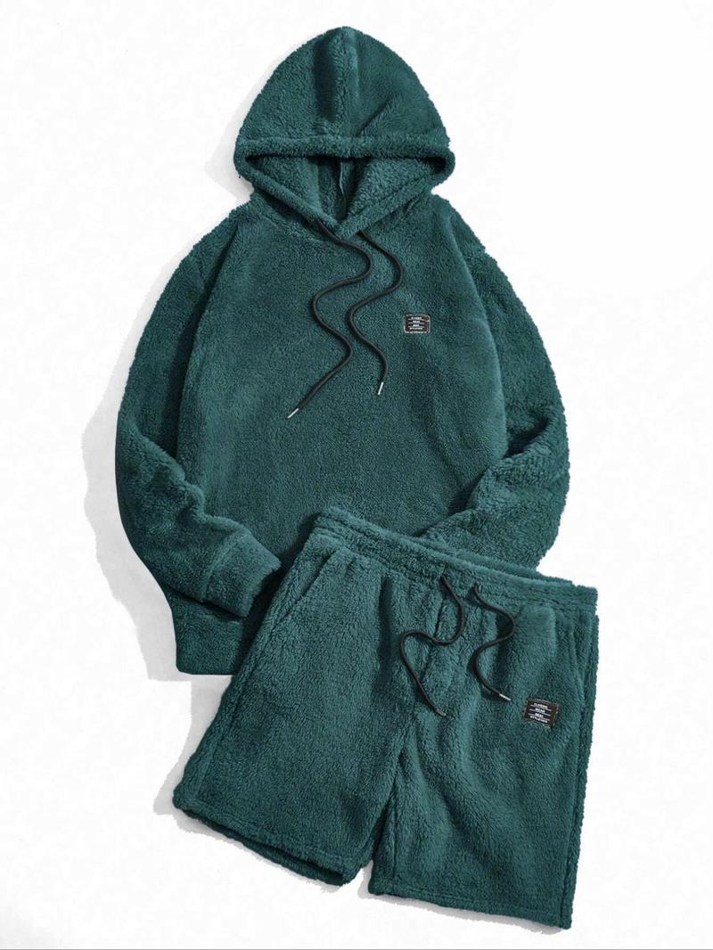Product Introduction of Two-piece Set Men's Letter Patched Drop Shoulder Hoodie & Drawstring Waist Shorts Set, Men's Sweatsuit Set, Casual Fashion Cozy Regular Fit Outfits for Daily Outdoor Wear, Menswear, Men's Clothes Suits for Fall & Winter, Men's 2 Piece Set, Two Piece Men 6