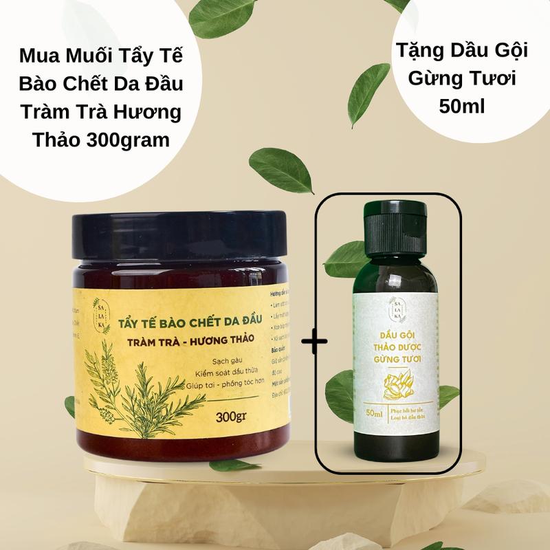 [Tặng Dầu Gội Gừng Tươi 50ml]Muối Tẩy tế bào chết da đầu Tràm Trà Hương Thảo Sạch Gàu, Loại Bỏ Dầu Thừa, Tơi Phồng Tóc, Làm Sạch Nang Tóc 300gram