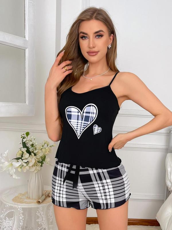 Two-Piece Set Women Heart Print Cami Top & Plaid Print Shorts Pyjama Set, Summer Sets, Casual Lettuce Trim Backless Camisole & Bow Decor Elastic Waist Shorts Pj Set, Ladies Summer Sleepwear Set Valentine's Day 4