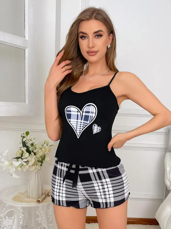 Two-Piece Set Women Heart Print Cami Top & Plaid Print Shorts Pyjama Set, Summer Sets, Casual Lettuce Trim Backless Camisole & Bow Decor Elastic Waist Shorts Pj Set, Ladies Summer Sleepwear Set Valentine's Day 4