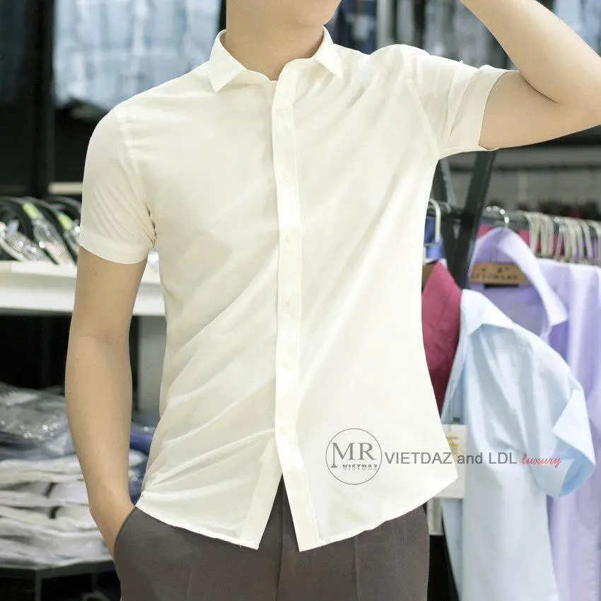 Áo sơ mi ngắn tay 4 màu trơn lụa co dãn Nam Menswear Trắng