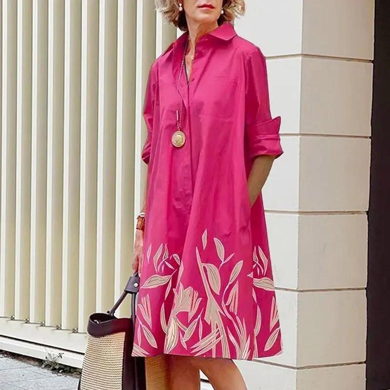 Product Introduction of Plus Size S-4XL Women Shirt Dress Cotton Floral Dot Print Button A Line Midi Knee Length Slim Loose Spring Summer Autumn Fashion Casual Elegant Long Sleeve Black White 19