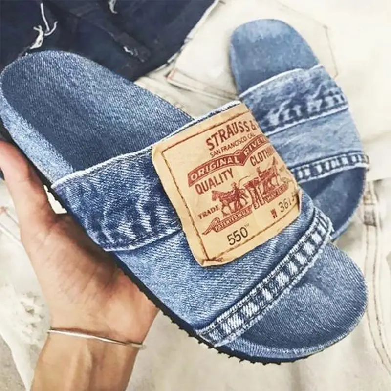 Comfortable Versatile Personality Womens Slippers Denim Round Toe Flat Shoes Female New Beach Shoes Sandals Women Slippers
