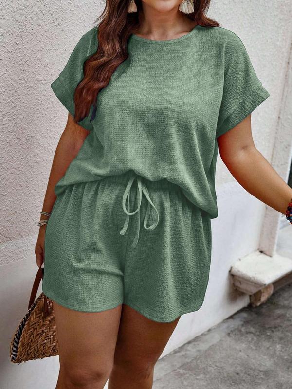 【Plus Size】Two Pieces Solid Textured Blouse Tops & Drawstring Waist Shorts Set, Summer Outfits 2024 Sets, Casual Short Sleeve Keyhole Neckline Top & Shorts, Outfits for Summer, Co Ords for Women 1