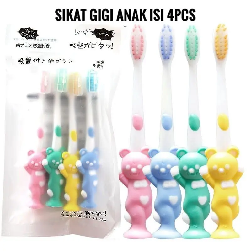 SIKAT GIGI BULU HALUS ANAK BALITA 1 SET 4PCS/ SIKAT GIGI KARAKTER BERDIRI ANAK 4IN1 4