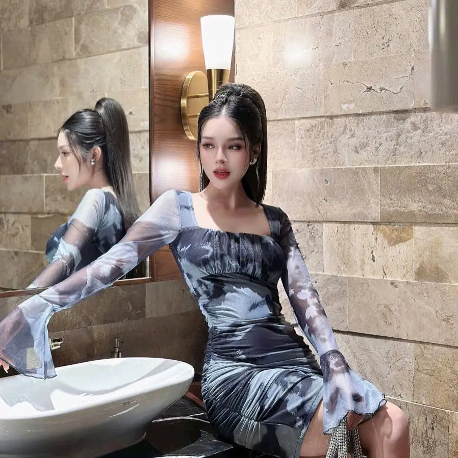 Váy Lưới Loang Cúp Nhún Thân Nữ Women Dress