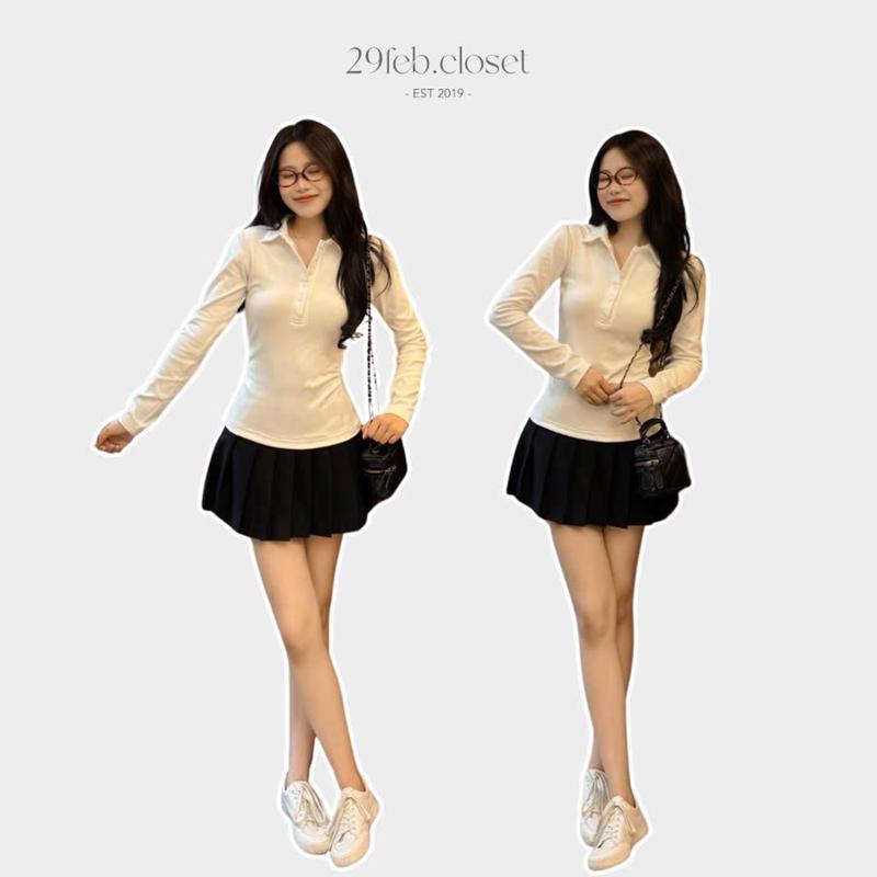 [XẢ KHO] Áo Len Dài Tay Polo Cổ Trụ Xếp Ly Eo Nữ Tính Mùa Thu Đông 29feb.closet A499 Kem Women Top Trắng