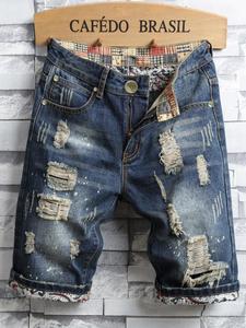 Pantalones cortos de mezclilla rasgados parcheados para hombres, pantalones cortos de mezclilla con bolsillo de mosca con cremallera de moda callejera para el verano, fondos de moda para hombres para uso diario