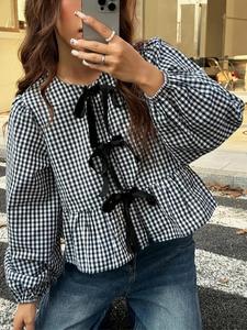 Blusa de cuadros para mujer, top casual de manga larga para otoño, ropa femenina para uso diario
