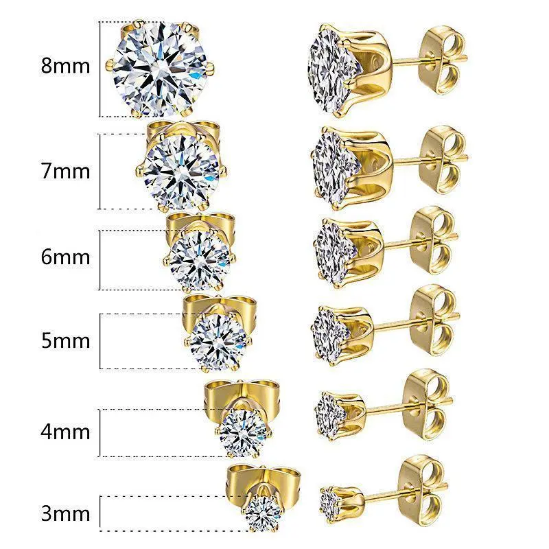 Zircon Titanium Steel Stud Earrings Cross-Border Europe and the United States Crown Six-Prong Stone Set Ear Bone Stud Men and Women Small Earrings Senior Sense