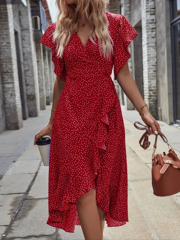 Women's Polka Dot Print Dress, Elegant Fashion Casual Ruffle Trim Midi Dress for Daily Outdoor Wear, Ladies Dress for All Seasons, Womenswear, Shortsleeve, Casual Dresses 4