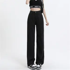 lulu-jeans Jeans hitam kaki lurus bertingkat tinggi wanita