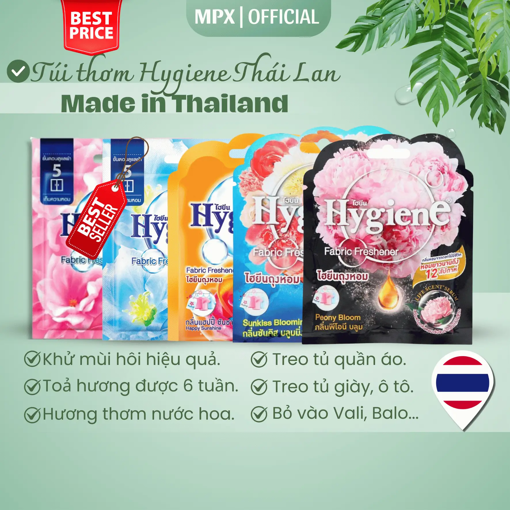 [Combo] Túi thơm Hygiene Thái Lan - Hương nước hoa - Túi có dây treo làm thơm phòng, tủ quần áo, tủ giày - MPX