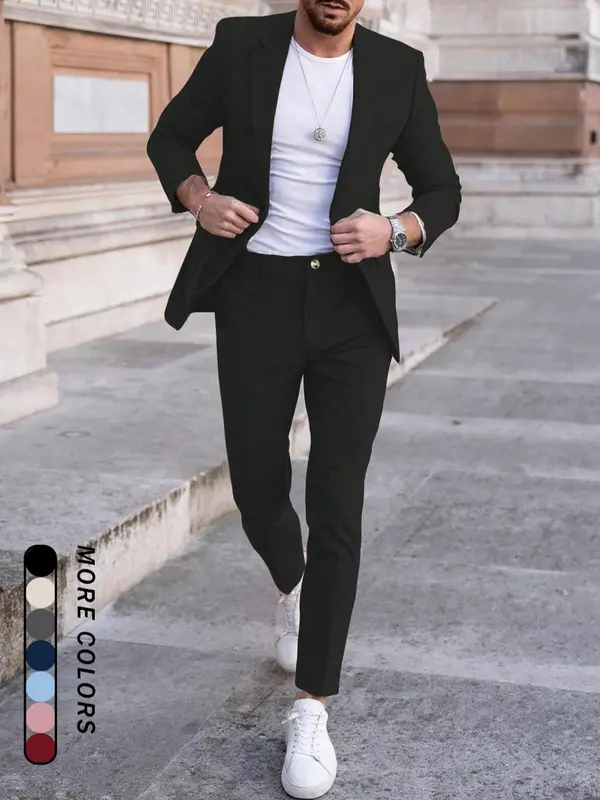 Men's Plain Business Suit Set, Slim Fit Lapel Neck Blazer & Pants, Men's Summer Clothes for Work Office Business, Menswear 0