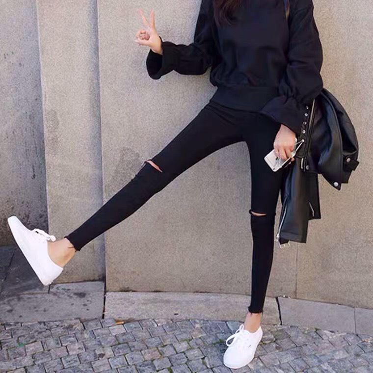 Quần jean bò nữ Skinny cạp lưng cao co dãn bó rách gối trơn xu hướng Hàn Quốc ulzzang vintage màu đen Kozoda 4125 QJ2 Pants