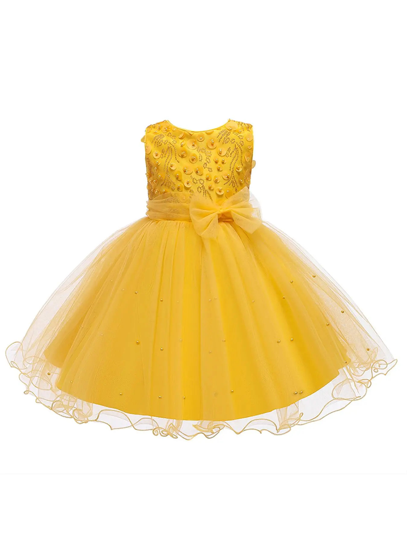 Girl's Beaded Appliques Sequins Bow Decor Tulle Party Dress, Elegant Sleeveless Round Neck Zipper A Line Dress for Party Performance Wedding Guest, Kids Clothes for All Seasons