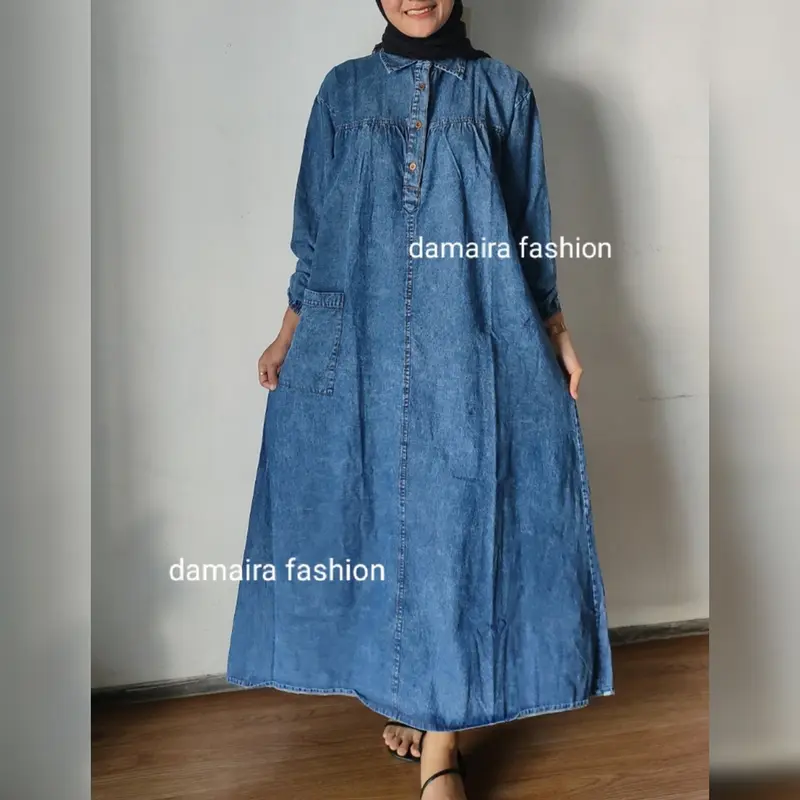 Hanami Midi Dress Jeans Tunik Gamis Jumbo fit to XXL LD 110 LD 120 CM 1