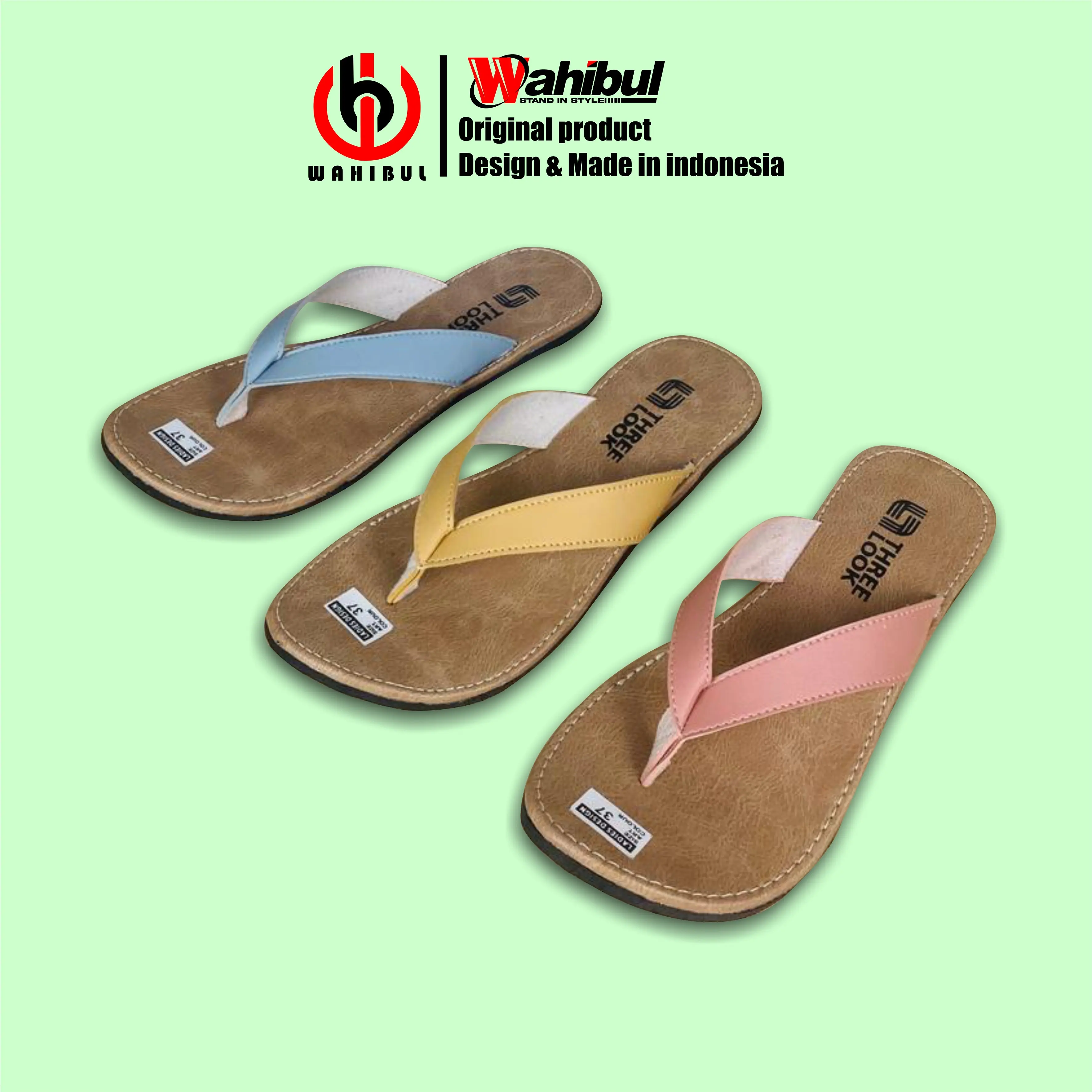 ThreeLook - Sandal Wanita Jepit Sendal korean Style Cewe Elegant Bahan Kulit Sintetis Flat Karet Pink Cewek