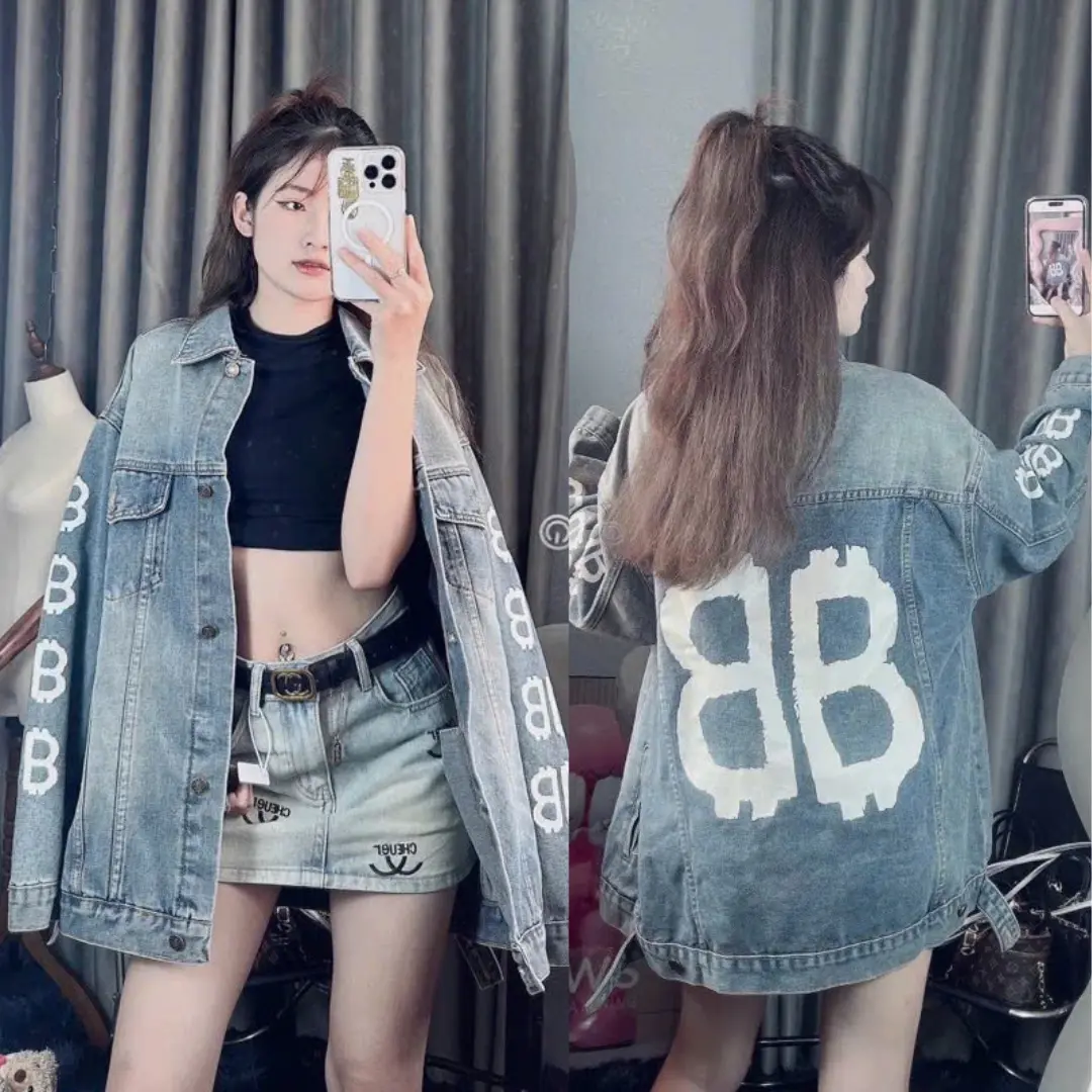 Áo khoác jean tay dài from Rộng Nam Nữ Unisex in chữ B - B Áo khoác bò BB phong cách hot trend - Jacket, Women Áo Khoác Jeans