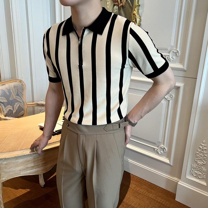 Product Introduction of Polo Collar Stripes Ice Silk Short Sleeve Men's Summer New Fashion Slim Fit Business All-Match Pu Shuai Knitted T-shirt Bottoming Shirt 3