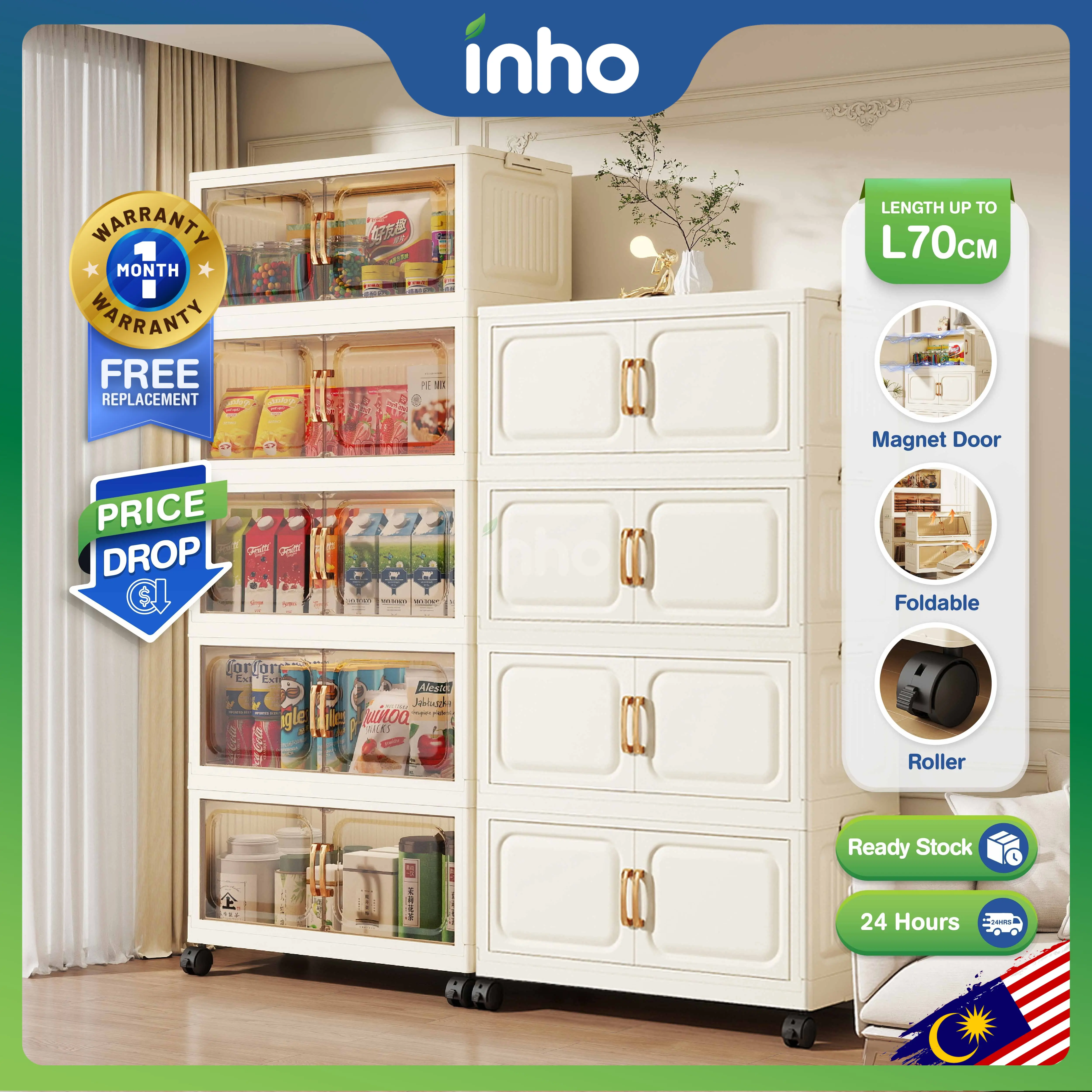 【FREE SHIPPING】INHO L50-70cm (1-6 Layers) 2 Doors Multipurpose Foldable Stackable Storage Cabinet Box With Rollers