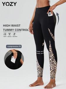 YOZY Patchwork Leopard Print Pocket Leggings /Comfy Breathable High Waist Skinny Pants, 2024 Ladies' Daily Wear for All Seasons