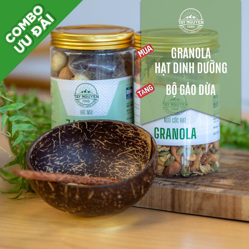 Combo 1 hũ Granola không đường 500g và 1 hũ Hạt dinh dưỡng 500g kèm 1 bộ Gáo dừa thìa gỗ Tây Nguyên Food – Việt Nam