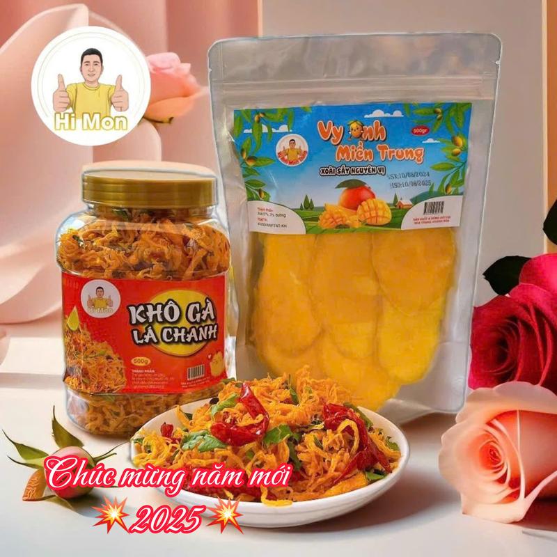 Hi Mon 1KG GỒM 1 HỦ KHÔ GÀ 500g LÁ CHANH BƠ TỎI + 1 TÚI XOÀI SẤY DẺO 500g