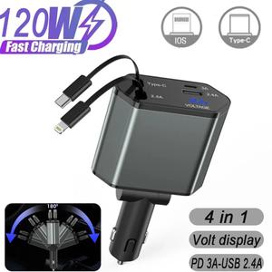 Pengecas Kereta Boleh Tarik, Generasi Ke-16, 4 dalam 1, 120W, Penyesuai Kereta, Pengecas Pantas USB Jenis C, Kabel untuk iPhone, Serasi dengan iPhone charger 3